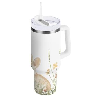 Imagem de STAYTOP Copo de ovos de Páscoa e coelhos fofos de 1,134 g com tampa e palha, copo isolado de aço inoxidável durável à prova de vazamento com alça, garrafas de água à prova de derramamento para viagens