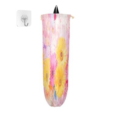 Imagem de xigua Suporte de parede para saco plástico de flores amarelas aquarela com cordão, pacote com 2, organizador de sacolas de compras reutilizáveis, decoração para bolsas, meias, roupas íntimas e