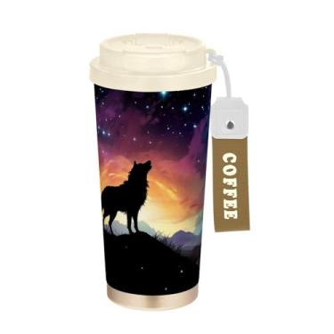 Imagem de YETTASBIN Caneca de café de viagem com isolamento térmico Galaxy Wolf de 500 ml com tampa canudo, copo à prova de derramamento e vazamento com alça para bebida quente e fria, garrafa de água de aço