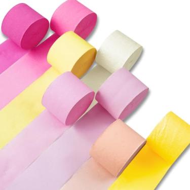 Imagem de PartyWoo Streamers de papel crepe rosa, 8 peças, pacote de 199,9 m, rosa escuro claro pêssego pastel amarelo marfim branco crepe flâmulas para aniversário, chá de bebê, formatura, despedida de