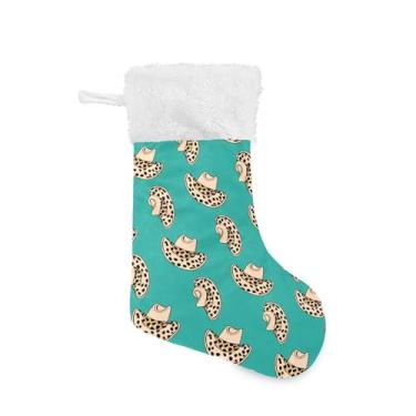 Imagem de Burbuja Chapéus de cowboy em meia de Natal azul-petróleo 45,7 cm com punho branco, decorações de festa de Natal em família, pacote com 2