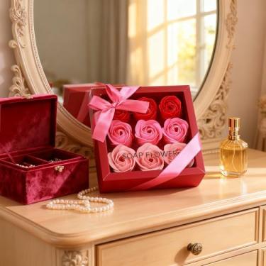 Imagem de 9 peças de rosas artificiais, conjunto de flores de seda de toque real, arranjo floral premium para decoração de casa e centro de mesa (rosa)