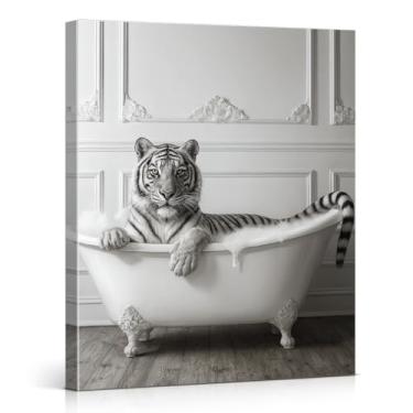 Imagem de Impressão de arte de parede de tigre engraçado tigre preto e branco imagem de pôster de animal engraçado decoração de parede para banheiro 20 x 25 tela emoldurada