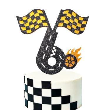 Imagem de Racing Car 6th Birthday Cake Topper. Checkered Flag, Race Track, Fire Wheel Cake Decoration Set for Boy's 6 Years old Birthday Party Supply