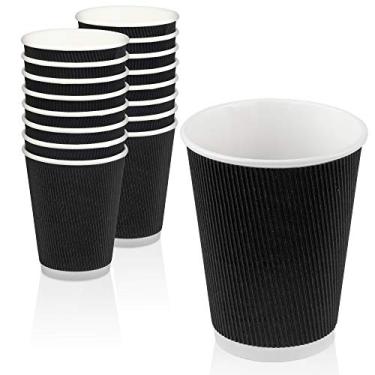 Imagem de [Pacote com 50] Copos quentes descartáveis – 355 ml pretos com isolamento de parede dupla ondulada mangas para ir – Copos para bebidas quentes Kraft para chocolate, chá e cacau – Resistente, seguro para alimentos e ecológico