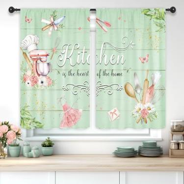 Imagem de Riyidecor Cortinas verdes florais curtas para cozinha rústica, tábua de madeira, utensílios de cozinha, folha de madeira, retrô, bolso para varão, citação engraçada, quarto, sala de estar, tratamento