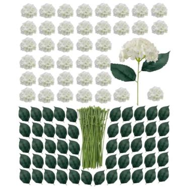 Imagem de YFLIUBAI Pacote com 100 flores artificiais de hortênsia branca com folhas, cabeças de flores de seda de 15 cm, conjunto de decoração de casamento DIY para o Dia das Mães com 200 folhas, 100 hastes