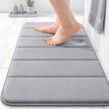 Imagem de OLANLY Tapete de banho listrado de espuma viscoelástica 61 x 40 cm, tapetes de banheiro absorventes super macios, secagem rápida, tapetes de chuveiro laváveis na máquina, tapete de banho, acessórios