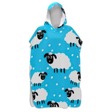 Imagem de TSENQUE Roupão bonito branco ovelha azul muda para adultos, poncho de surfe, poncho masculino reutilizável com capuz, toalha de banho com capuz de praia