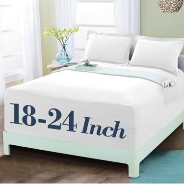 Imagem de Mocassi Lençol com elástico luxuoso 1800 de qualidade premium de hotel – Ultramacio, microfibra resistente a vincos, bolso extra profundo de 45 a 60 cm, lençol com elástico, solteiro, branco