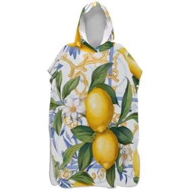 Imagem de Joisal Poncho de surfe trocador de roupão adulto com capuz toalha de praia estampado plus size ponchos femininos com capuz estilo siciliano limão amarelo