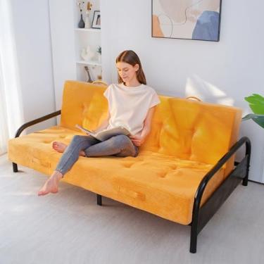 Imagem de MAXYOYO Colchão Futon tamanho casal de 20 cm com alças, sofá-cama dobrável tufada (moldura não incluída), colchão dobrável versátil para dormir no chão, sala de estar e quarto de hóspedes, laranja