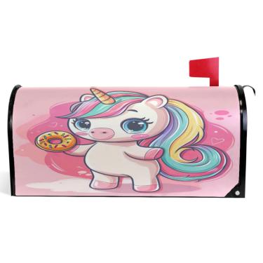 Imagem de TSENQUE Capas de caixa de correio magnéticas decorativas vinil caixa de correio envoltório verão lindo unicórnio rosquinha rosa férias à prova de intempéries caixa de correio decoração tamanho padrão