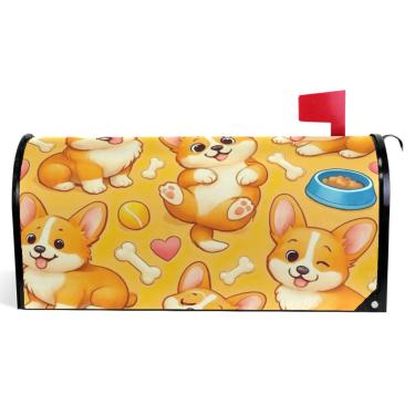 Imagem de TSENQUE Capas decorativas para caixa de correio magnética, envoltórios de caixa de correio de vinil, decorações de caixa de correio, desenhos animados, fofos, cães, amarelo, tamanho padrão 52,6 x 45,8