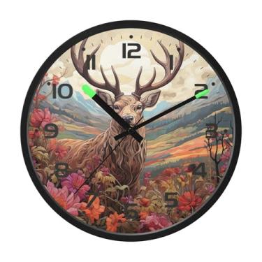 Imagem de SEHANY Relógio de parede artístico com retrato de veado, silencioso, sem tique-taque, relógio redondo operado por bateria, controle de som, luz noturna, relógios de parede para sala de estar, cozinha
