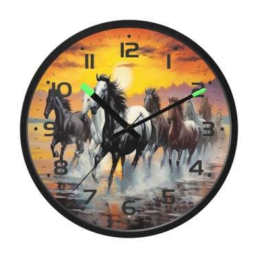 Imagem de SEHANY Relógio de parede artístico majestoso cavalos silencioso, sem tique-taque, relógio redondo operado por bateria, controle de som, luz noturna, relógios de parede para sala de estar, cozinha