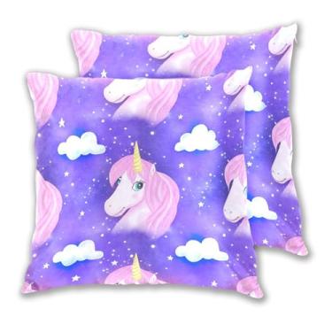 Imagem de Joitme Conjunto de 2 capas de almofada de unicórnio rosa crina roxa nuvem, capa grande de sofá para decoração de sofá-cama, 50 x 50 cm, 2 peças