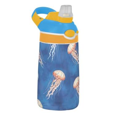 Imagem de Garrafa de água Tritan de 473 ml infantil portátil de 473 ml com canudo copos de viagem reutilizáveis à prova de vazamento para crianças, alça de transporte, tentáculos de água-viva azul