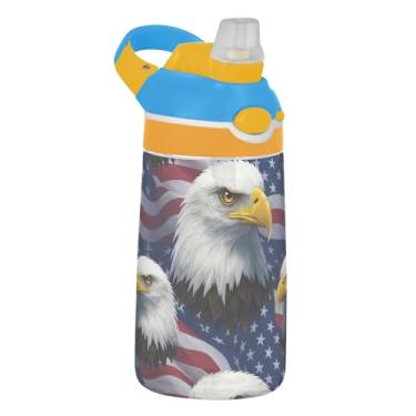 Imagem de Eagle American Flags Garrafa de água infantil legal para escola, 473 ml, 473 ml, garrafa de água esportiva Tritan com canudo, copo de viagem reutilizável para crianças, à prova de vazamento, alça de