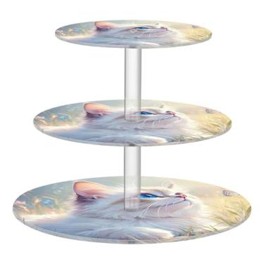 Imagem de Suporte de cupcake para festa de chá, 3 camadas, redondo, fofo, gato, borboleta, torre de bolo, exibição de acrílico, decoração de festa de chá, bandeja de servir, suporte de comida, rosa