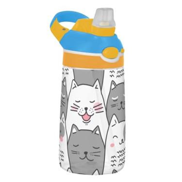 Imagem de Cute Cats Garrafa de água infantil cinza branca com canudo 473 ml Tritan 473 ml Garrafa de água esportiva à prova de vazamento, copos de viagem para crianças, portátil, alça de transporte