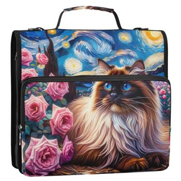 Imagem de Fichário de gato fofo noite estrelada rosa organizador com zíper 3 argolas de 3 anéis fichários resistentes com alça bolsa escolar bolsa de armazenamento estojo portfólio com alça