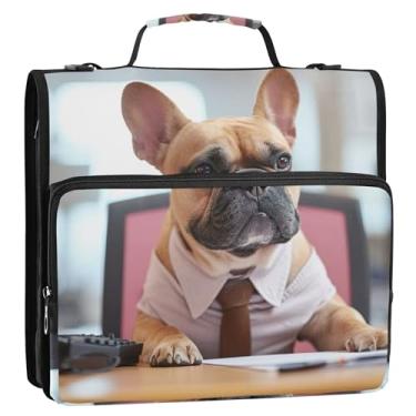 Imagem de Organizador básico de fichário com zíper, fichário de 3 cm, 3 anéis, resistente, engraçado, buldogue francês, pasta de armazenamento com alça para fichário do ensino médio com alça