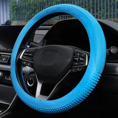 Imagem de Alieemo Capa de volante de carro, protetor de volante de silicone inodoro de 35 a 38 cm, capa de volante de massagem antiderrapante, acessórios internos automotivos universais (azul claro)