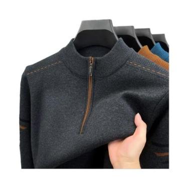 Imagem de Suéter Masculino De Tricô Listrado Com Meio Zíper, Pulôver De Negócios