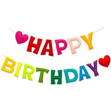 Imagem de Homeral Faixa colorida de feliz aniversário 3D pré-amarrada com coração, guirlanda reutilizável de feltro feliz, decorações de festa arco-íris, placa de aniversário personalizada para meninas, meninos