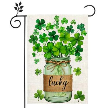 Imagem de SXDMHYB Jarra de pedreiro de São Patrício bandeira de jardim vertical 30,5 x 45,7 cm dupla face para trevos externos bandeira de jardim decorações de São Patrício Trevo verde bem-vindo trevo de