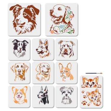 Imagem de MAYJOYDIY 12 peças de estêncil fofo para cães e gatos, reutilizáveis, para pintura, modelo de desenho de cabeça de animal de estimação de 7,9 a 30 cm, com pincel de pintura, para decoração de papel e