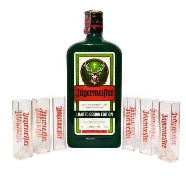 Imagem de Kit Jagermeister Limited Edition Herbal Green Design 700ml  + 6 Copos Tubos de Acrílico