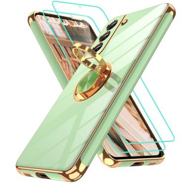 Imagem de Gritup Capa para Galaxy S21 FE | 2 peças protetoras de tela | Suporte magnético de rotação de 360°, borda dourada revestida de TPU macio à prova de choque para Samsung S21 FE, verde ervilha
