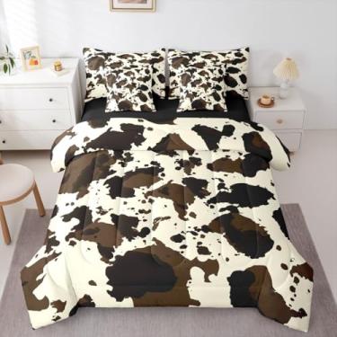 Imagem de Erosebridal Jogo de cama queen com estampa de vaca | Conjunto de edredom rústico vintage de couro bovino marrom vaca para crianças, meninos e meninas, conjunto de lençol com edredom