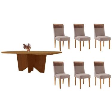 Imagem de Sala Jantar Mesa Nevada Tampo Curvo 180cm+6 Cadeiras Jaspe Madeira Naturale - Capuccino/Linho Capuccino - Rufato