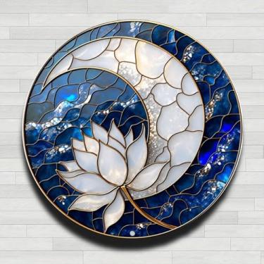 Imagem de Placa de parede redonda de metal de alumínio rústico vintage com estampa de lua de lótus, 20 cm, presentes e decoração para casa, escritório, café e quintal