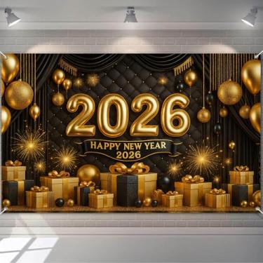 Imagem de BlissYard Fundo de Feliz Ano Novo 2026, balões pretos dourados, caixas de presente de fogos de artifício, faixa de festa cintilante, 188 x 109 cm, decoração de véspera de ano novo, fundo para