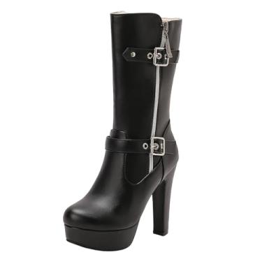 Imagem de Botas femininas plataforma de cano médio com fivela de cinto de salto alto, Preto, 35