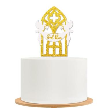 Imagem de Topo de bolo God Bless, decoração de bolo Mi Batismo, topo de bolo de pomba de batizado com glitter dourado para chá de bebê, decoração de festa com tema religioso