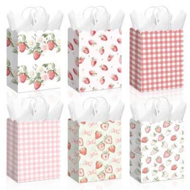 Imagem de Kolldenn 24 sacos de presente de morango com alças de flores silvestres para lembrancinhas de doces e guloseimas recortadas para decoração de aniversário para chá de bebê de noiva, suprimentos de chá