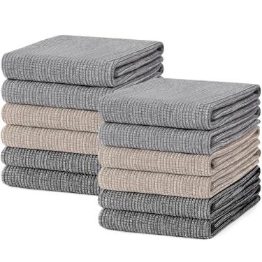 Imagem de Mordimy Toalhas de cozinha premium pacote com 12 (45 x 71 cm, cinza/cáqui/preto), toalha de mão grande de algodão plana e felpuda, conjunto de toalhas de prato de chá super absorventes com laço para