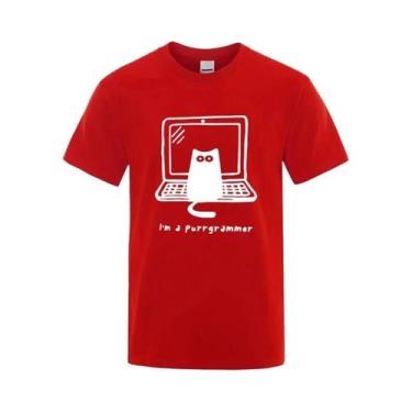 Imagem de Camiseta Masculina Engraçada Com Estampa De Gato Programador, Algodão,