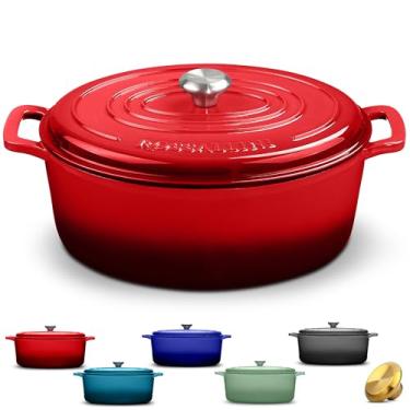 Imagem de ROSSALLINI Forno holandês oval de ferro fundido esmaltado exclusivo | Panela antiaderente com tampa justa para assar, assar, refogar e fazer pão perfeitos | 9,5Q [vermelho]