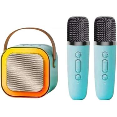 Imagem de Caixa de Som Bluetooth Karaokê Portátil com 2 Microfones Sem Fio, Luzes LED RGB e Alça para Transporte (Azul)
