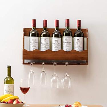 Imagem de Suporte para copos de vinho de madeira montado na parede, suporte suspenso para copos de vinho comporta 5 copos e 5 garrafas, economizando espaço, instalação com parafuso 40 cm x 10 cm x 28 cm