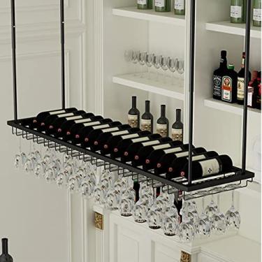 Imagem de Rack de vinho, garrafas de vinho flutuantes e suporte de vidro montado no teto, prateleiras de vinho penduradas em taças de metal prateleira de exibição para bar de cozinha/120 * 27 * 8 cm (60 * 27