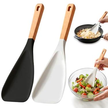 Imagem de Espátula multifuncional para cozinhar, colher de espátula de silicone de cabeça longa, colher de cedro e cinza com cabo de madeira, utensílios de cozinha
