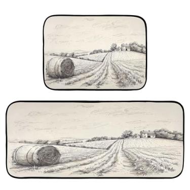 Imagem de xigua Conjunto de 2 peças de tapetes e tapetes de cozinha de paisagem agrícola absorventes macios para chão tapete de cozinha antiderrapante conjunto de capacho de cozinha, 50 x 120 cm + 50 x 70 cm