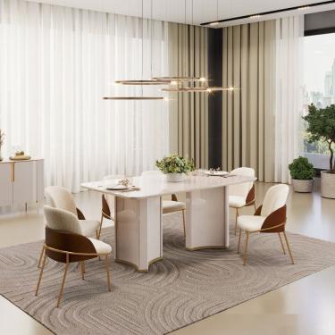 Imagem de Conjunto Sala de Jantar Liz Tampo com Vidro Retangular 180cm com 6 Cadeiras Vitta Off White/Terracota/Perola